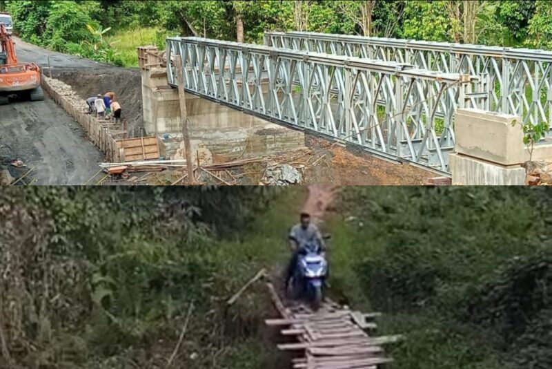 Progres pekerjaan pembangunan jembatan penghubung Long Lasan – Long Bia di Kecamatan Peso yang dikerjakan oleh Dinas PUPR Kabupaten Bulungan.