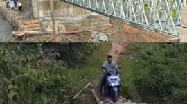 Progres pekerjaan pembangunan jembatan penghubung Long Lasan – Long Bia di Kecamatan Peso yang dikerjakan oleh Dinas PUPR Kabupaten Bulungan.