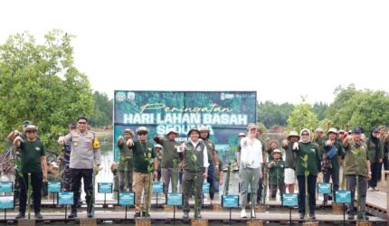 Gubernur Kaltara Zainal A. Paliwang bersama Menteri Kehutanan RI Raja Juli Antoni menanam mangrove di Desa Liagu Bulungan pada peringatan Hari Lahan Basah Sedunia 2026